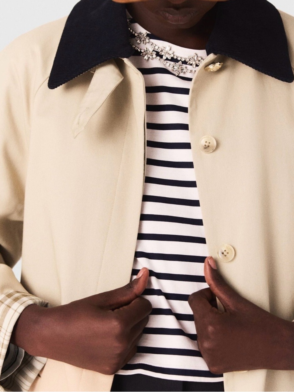 NWT- Maje Beige Trench Coat with Black Corduroy Collar